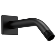 Matte black square wall-mounted shower arm with angled spout and threaded connector end.