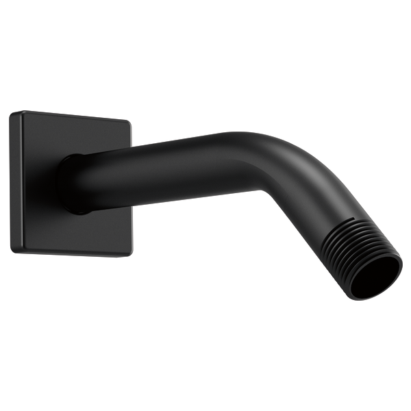 Matte black square wall-mounted shower arm with angled spout and threaded connector end.