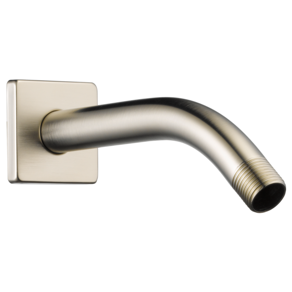 Brushed nickel curved shower arm with square wall flange and threaded connection end.