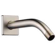 Brushed nickel 7" curved shower arm with square wall flange and threaded connector end.