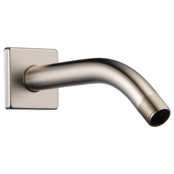 Brushed nickel 7" curved shower arm with square wall flange and threaded connector end.