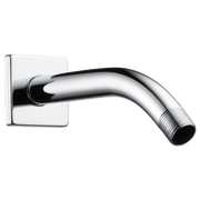 Chrome shower arm with square flange and threaded outlet, angled downward from wall-mounted base.