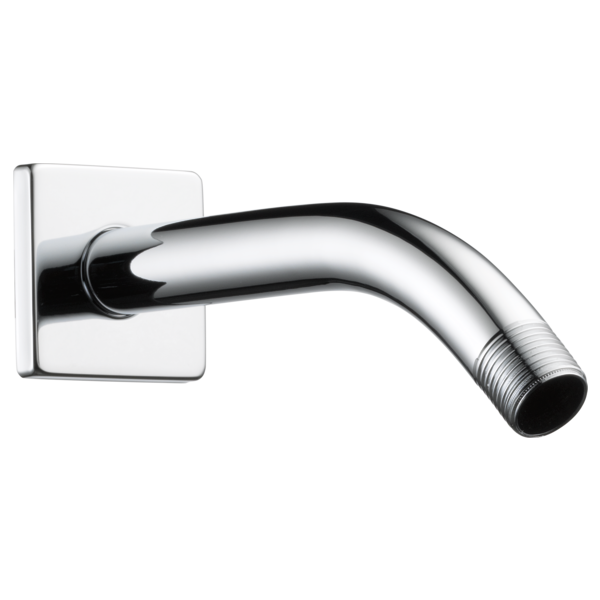 Chrome shower arm with square flange and threaded outlet, angled downward from wall-mounted base.