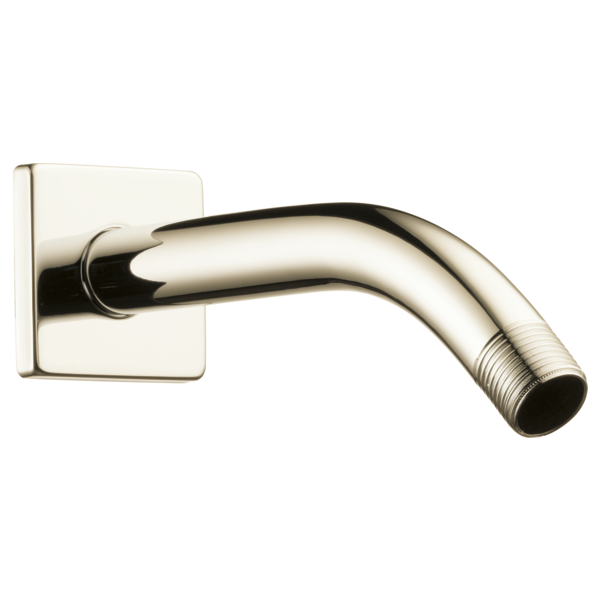 Polished nickel shower arm with curved spout and square wall-mounted flange.