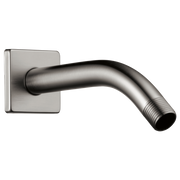 Brushed steel wall-mounted shower arm with square flange and angled cylindrical pipe.