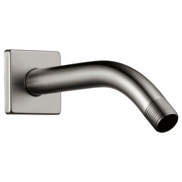 Brushed steel wall-mounted shower arm with square flange and angled cylindrical pipe.