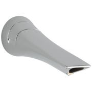 Chrome tub spout with curved tapered design and pull-up diverter valve mounted on wall flange.