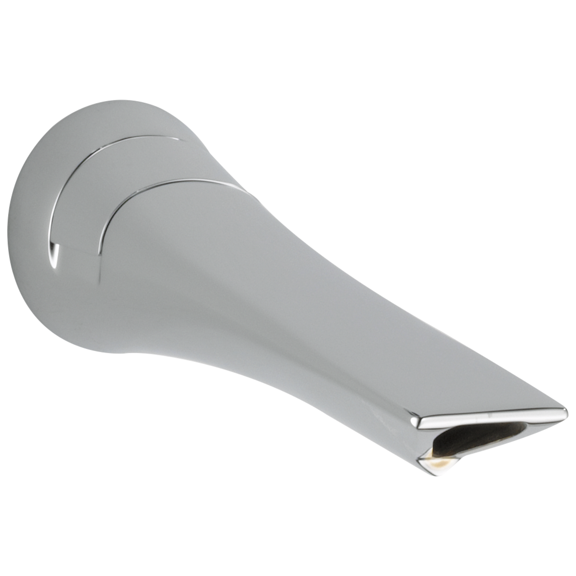 Chrome tub spout with curved tapered design and pull-up diverter valve mounted on wall flange.