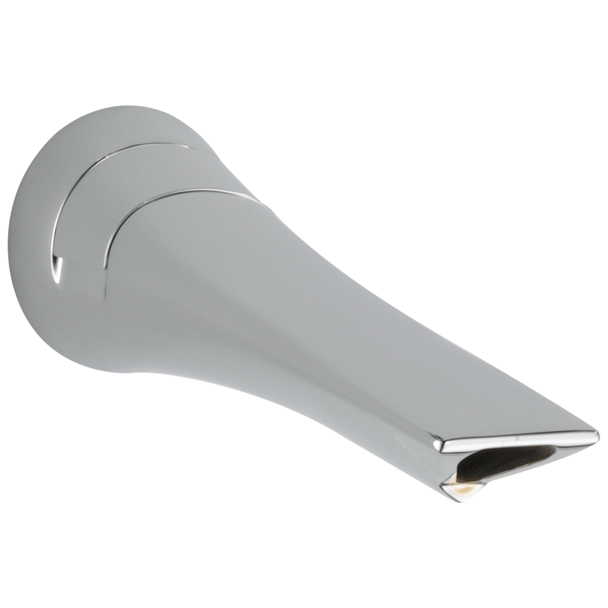 Chrome tub spout with curved tapered design and pull-up diverter valve mounted on wall flange.