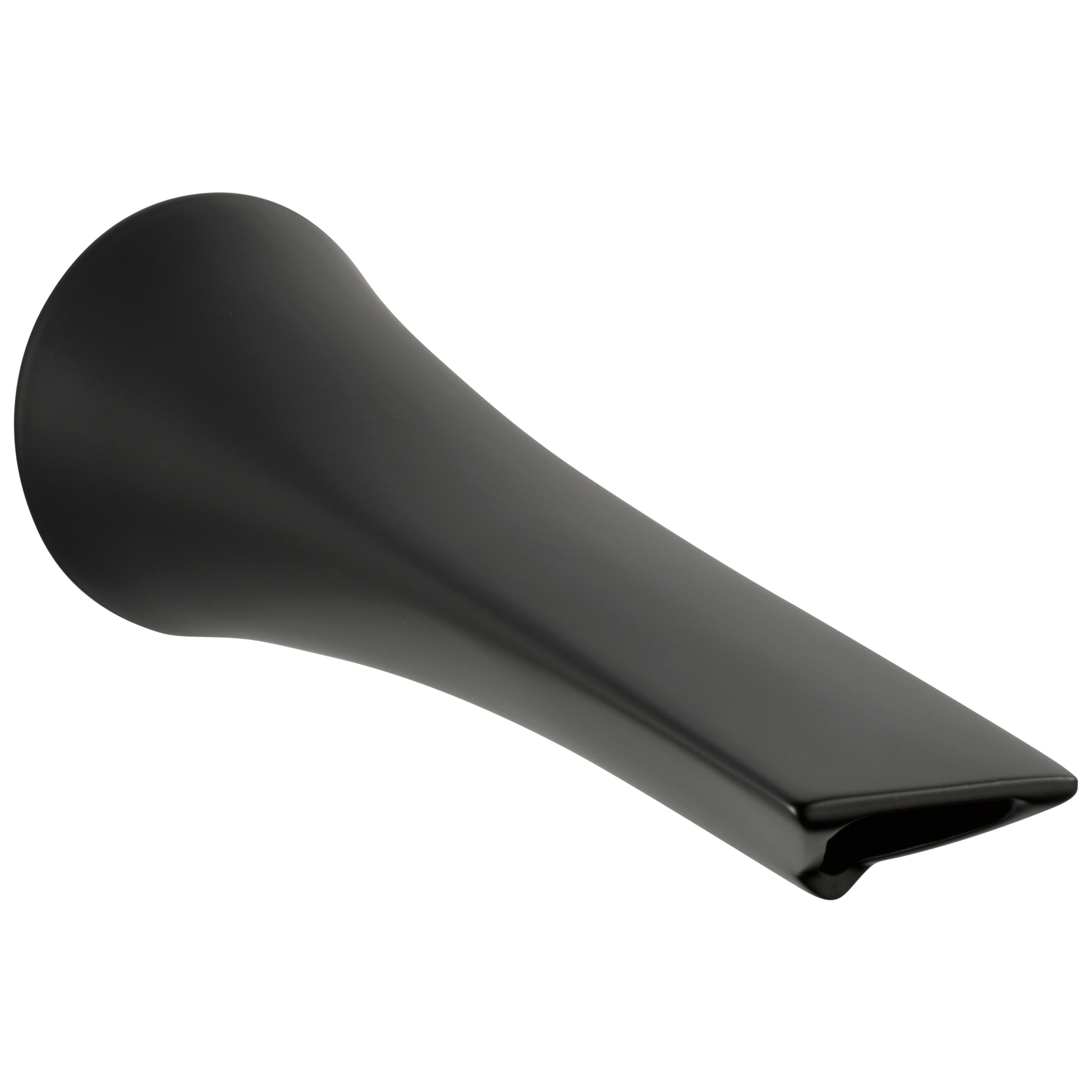 Matte black curved tub spout with rounded end and tapered outlet.