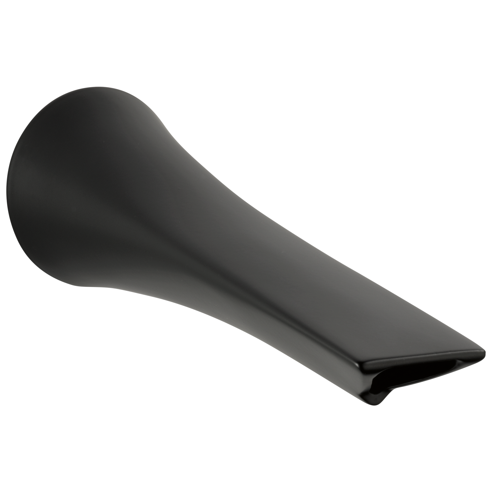 Matte black curved tub spout with rounded end and tapered outlet.