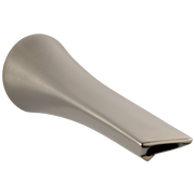 Brushed nickel tub spout with curved body and flat rectangular outlet.