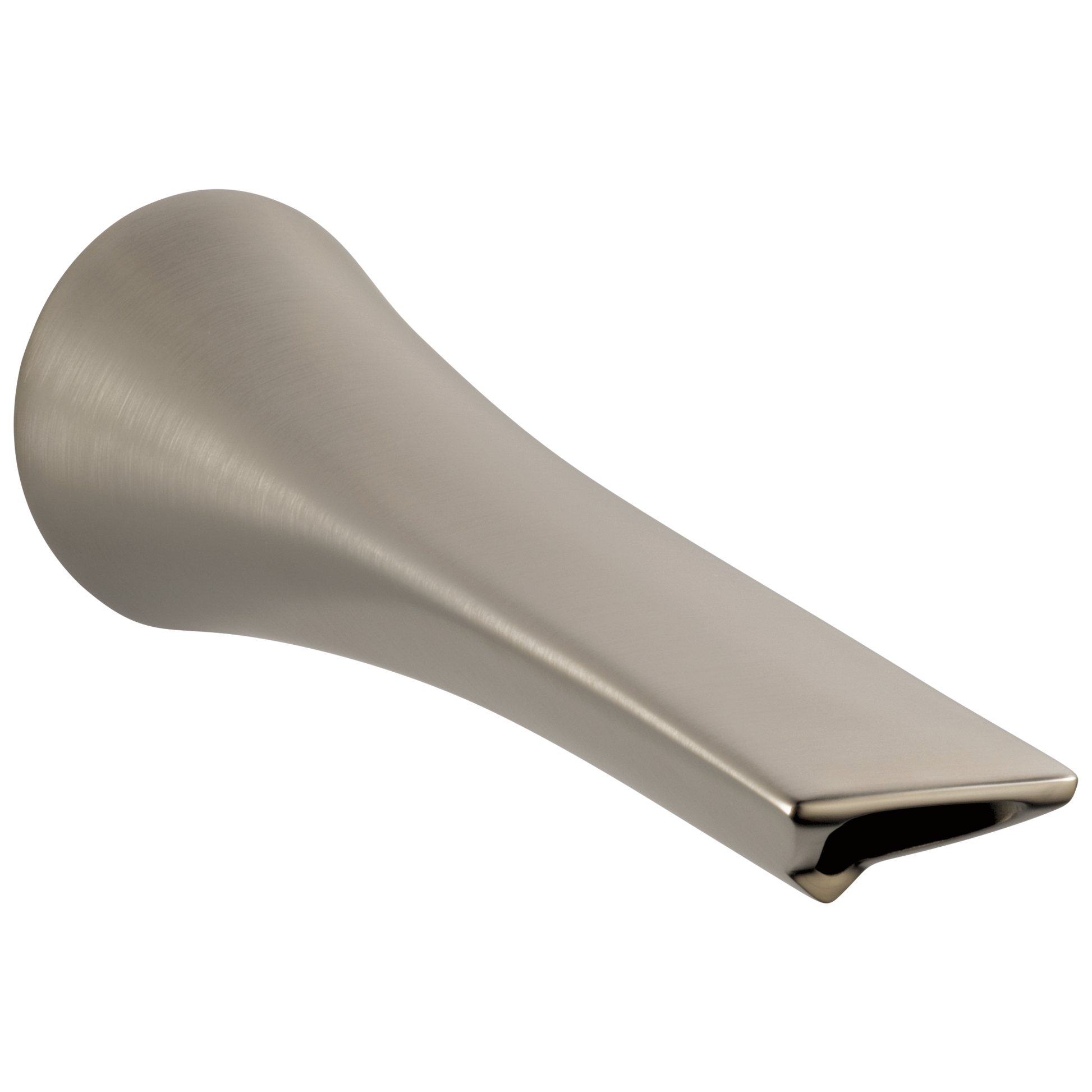 Brushed nickel tub spout with curved body and flat rectangular outlet.