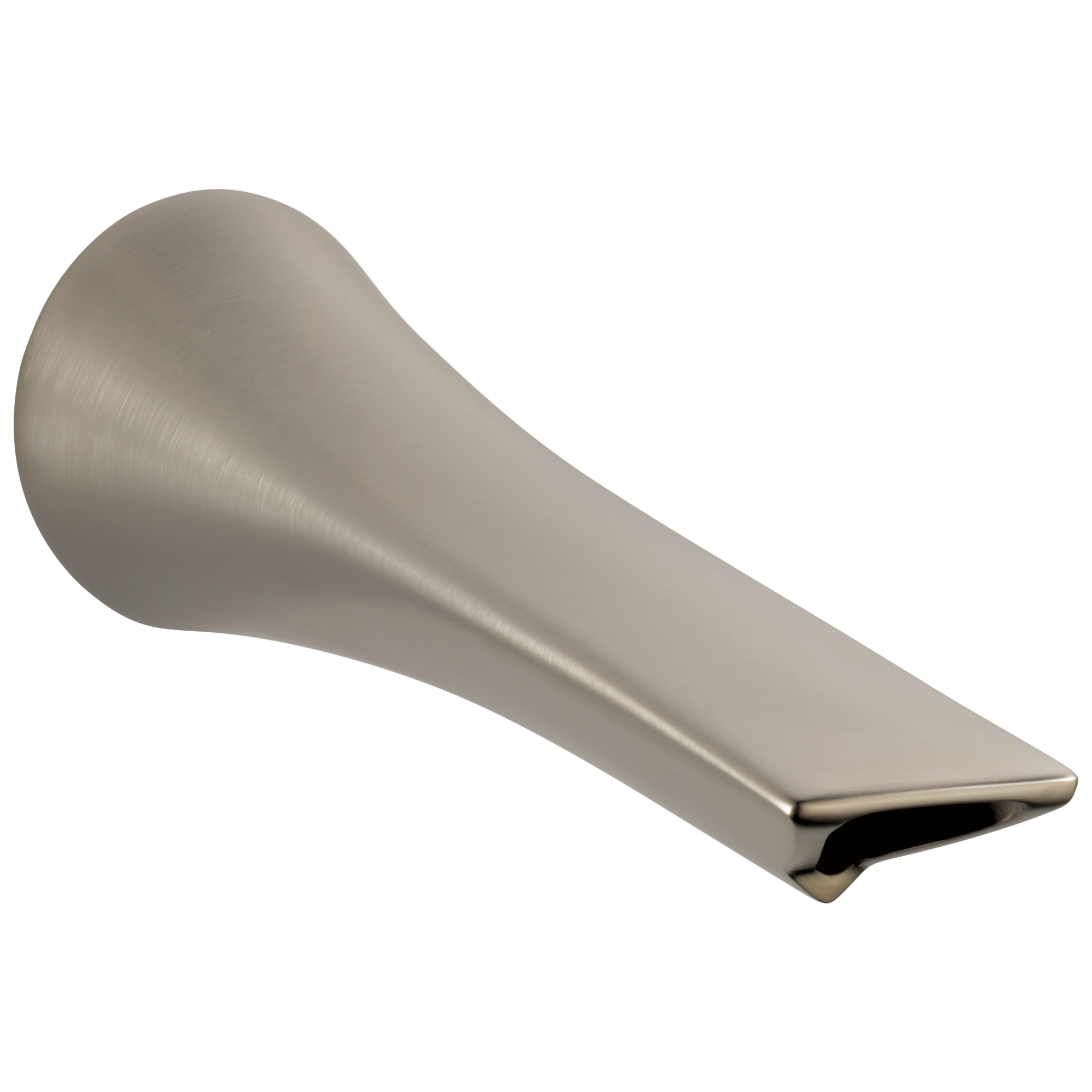 Brushed nickel tub spout with curved body and flat rectangular outlet.