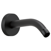 Matte black wall-mounted shower arm with round flange and angled outlet for showerhead connection.