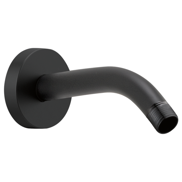 Matte black wall-mounted shower arm with round flange and angled outlet for showerhead connection.
