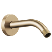 Luxe gold shower arm with round wall-mounted flange and curved spout with threaded connection.