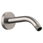 Luxe nickel wall-mounted shower arm with round flange and threaded outlet.