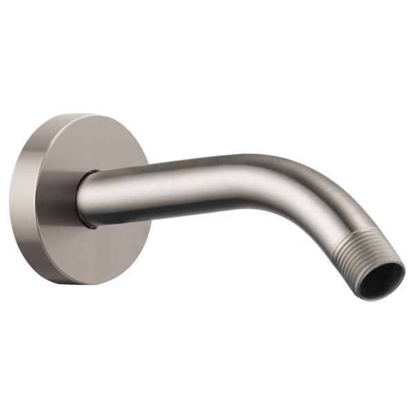 Luxe nickel wall-mounted shower arm with round flange and threaded outlet.