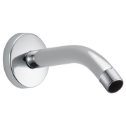 Chrome wall-mounted shower arm with circular flange and threaded outlet connection.