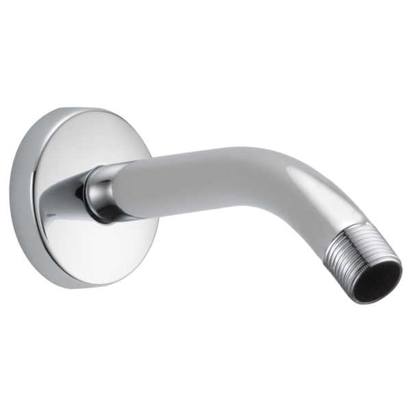 Chrome wall-mounted shower arm with circular flange and threaded outlet connection.