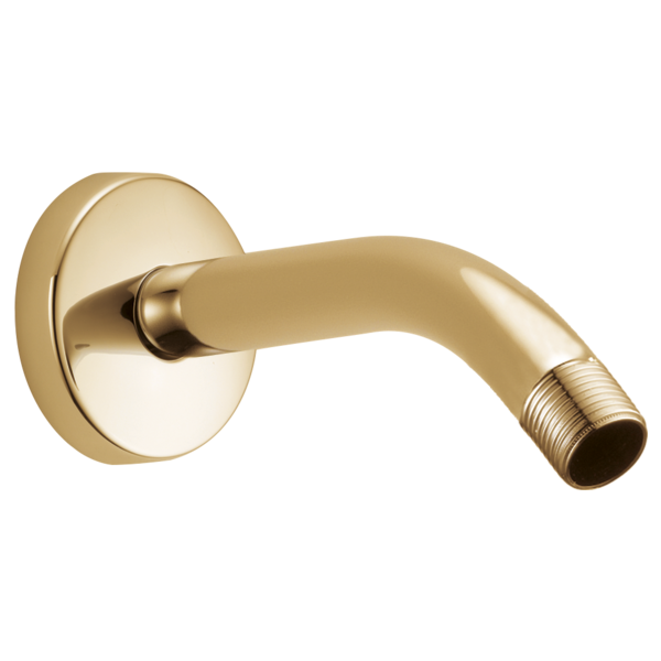 Polished gold shower arm with round wall-mounted flange and threaded outlet connection.