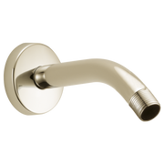 Polished nickel 7" shower arm with round wall-mounted flange and threaded connection.