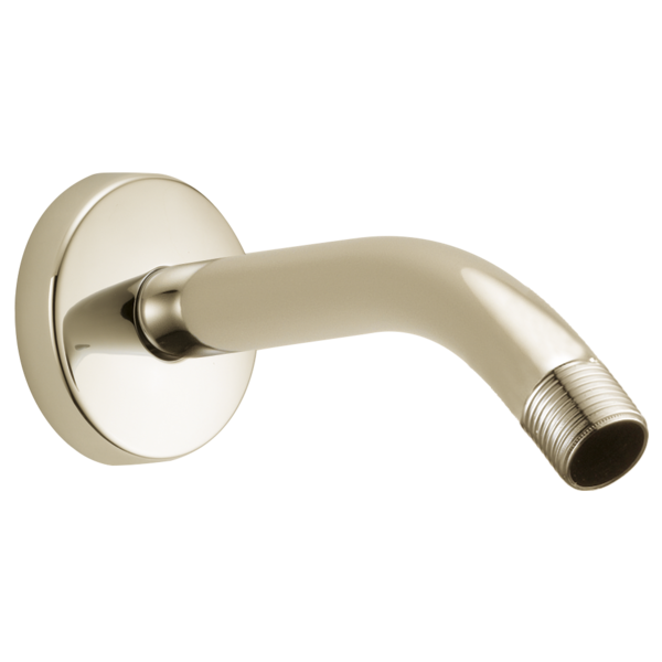 Polished nickel 7" shower arm with round wall-mounted flange and threaded connection.
