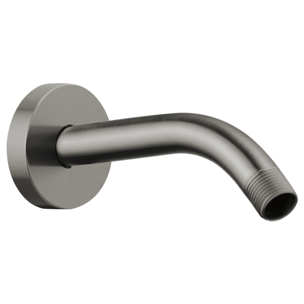 Luxe steel wall-mount shower arm with round flange, angled downward with threaded end connection.