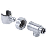 Chrome holder assembly components including curved bracket with rubber grip, threaded connector, and angled valve body.