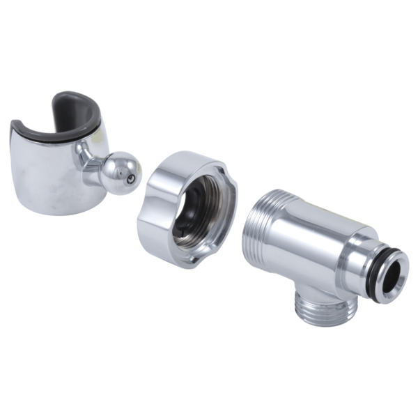 Chrome holder assembly components including curved bracket with rubber grip, threaded connector, and angled valve body.