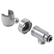 Stainless steel holder assembly with cylindrical clip, threaded connector ring, and angled connector piece with rubber seals.