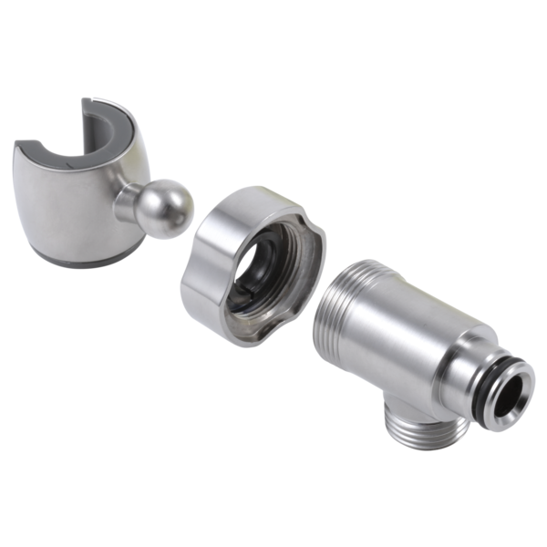 Stainless steel holder assembly with cylindrical clip, threaded connector ring, and angled connector piece with rubber seals.