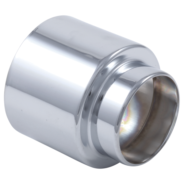 Chrome-finished cylindrical trim sleeve with grooved bands and open end, shown at angle.