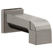 Stainless steel tub spout with pull-up diverter and curved spout design mounted on square wall flange.