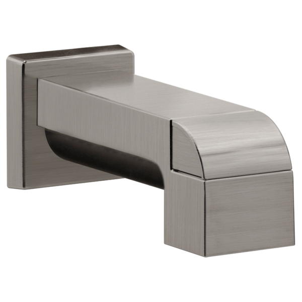 Stainless steel tub spout with pull-up diverter and curved spout design mounted on square wall flange.