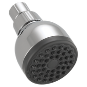 Chrome shower head with black rubber face plate and multiple spray jets, mounted on angled connector arm.