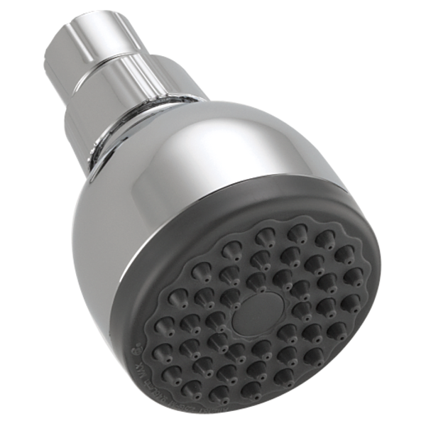 Chrome shower head with black rubber face plate and multiple spray jets, mounted on angled connector arm.