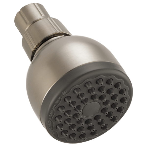Brushed nickel spherical shower head with multiple spray holes and threaded connector inlet.