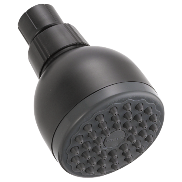 Black spherical shower head with multiple spray holes and adjustable ball joint connector.