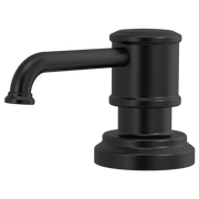 Matte black soap/lotion dispenser with curved spout and cylindrical pump housing on round base.
