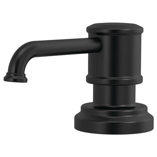 Matte black soap/lotion dispenser with curved spout and cylindrical pump housing on round base.