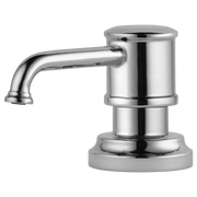 Chrome soap and lotion dispenser with cylindrical pump and curved spout mounted on round base.
