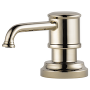 Polished nickel soap and lotion dispenser with cylindrical pump and curved spout on round base.