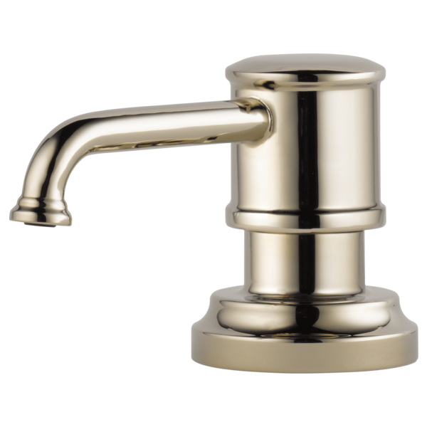 Polished nickel soap and lotion dispenser with cylindrical pump and curved spout on round base.