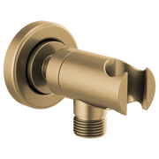 Brushed gold wall-mounted handshower holder with round escutcheon and threaded connection port.