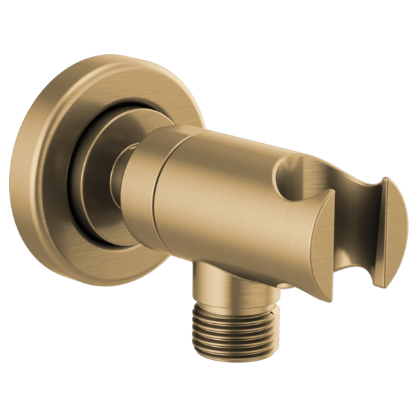 Brushed gold wall-mounted handshower holder with round escutcheon and threaded connection port.