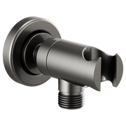 Brushed stainless steel wall-mounted shower handshower holder with circular backplate and adjustable cradle.