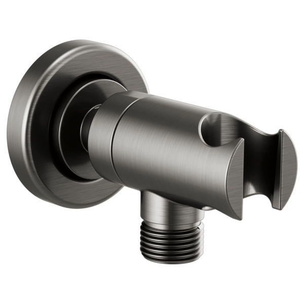 Brushed stainless steel wall-mounted shower handshower holder with circular backplate and adjustable cradle.