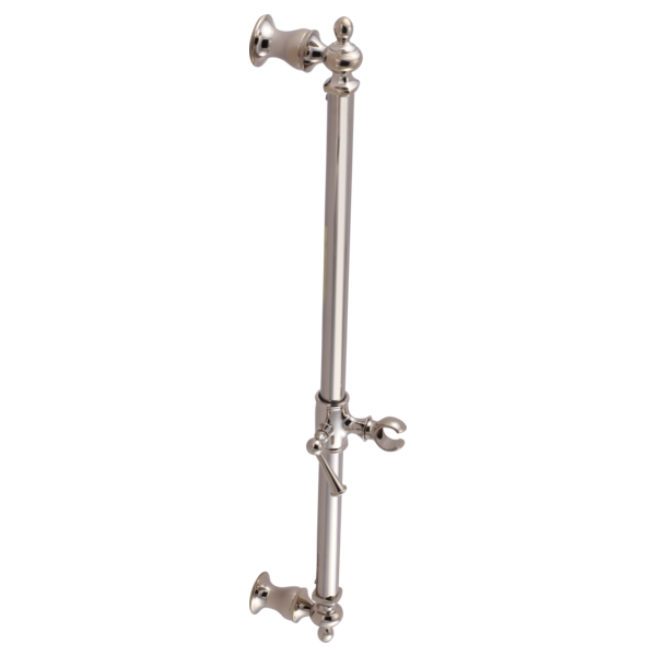 Polished nickel slidebar assembly with vertical rod, adjustable holder, and mounting brackets for shower hose.